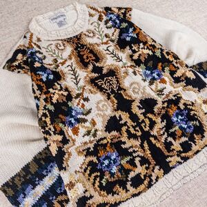 John Henry Vintage Floral Tapestry Knit Sweater Men M Cream Ramie Cotton 90s
